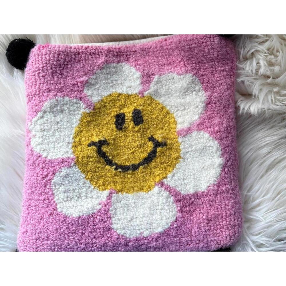 Decorative Pink Smiley Flower Throw Pillow with Black Pom-Poms
